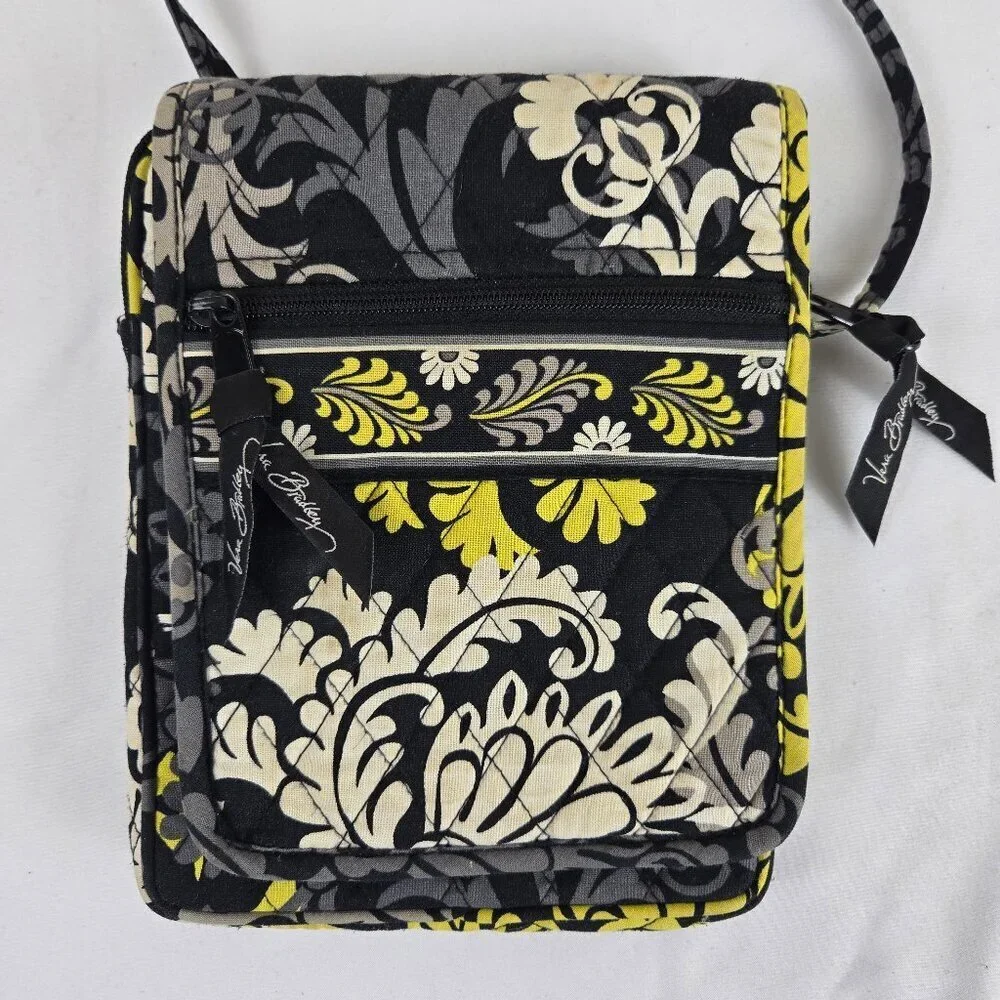 Vera Bradley Quilted Crossbody Bag w/Matching Coin Purse Black Gray Yellow White